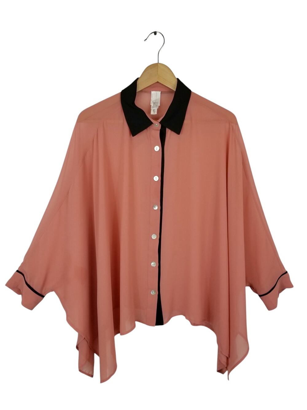 Marla Wynne Layers Sheer Chiffon Drape Boxy Oversized Blouse Black Salmon Large